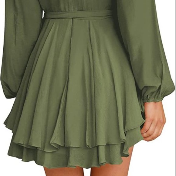 Womens Fit & Flare Boho Long Sleeve Mini Dress in Olive Green Size M - Picture 4 of 12